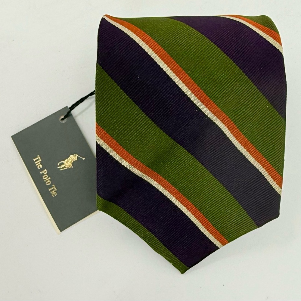 Polo By Ralph Lauren Green / Purple Stripe‎ Tie 100% Silk made in Italy New NWT - Picture 3 of 9